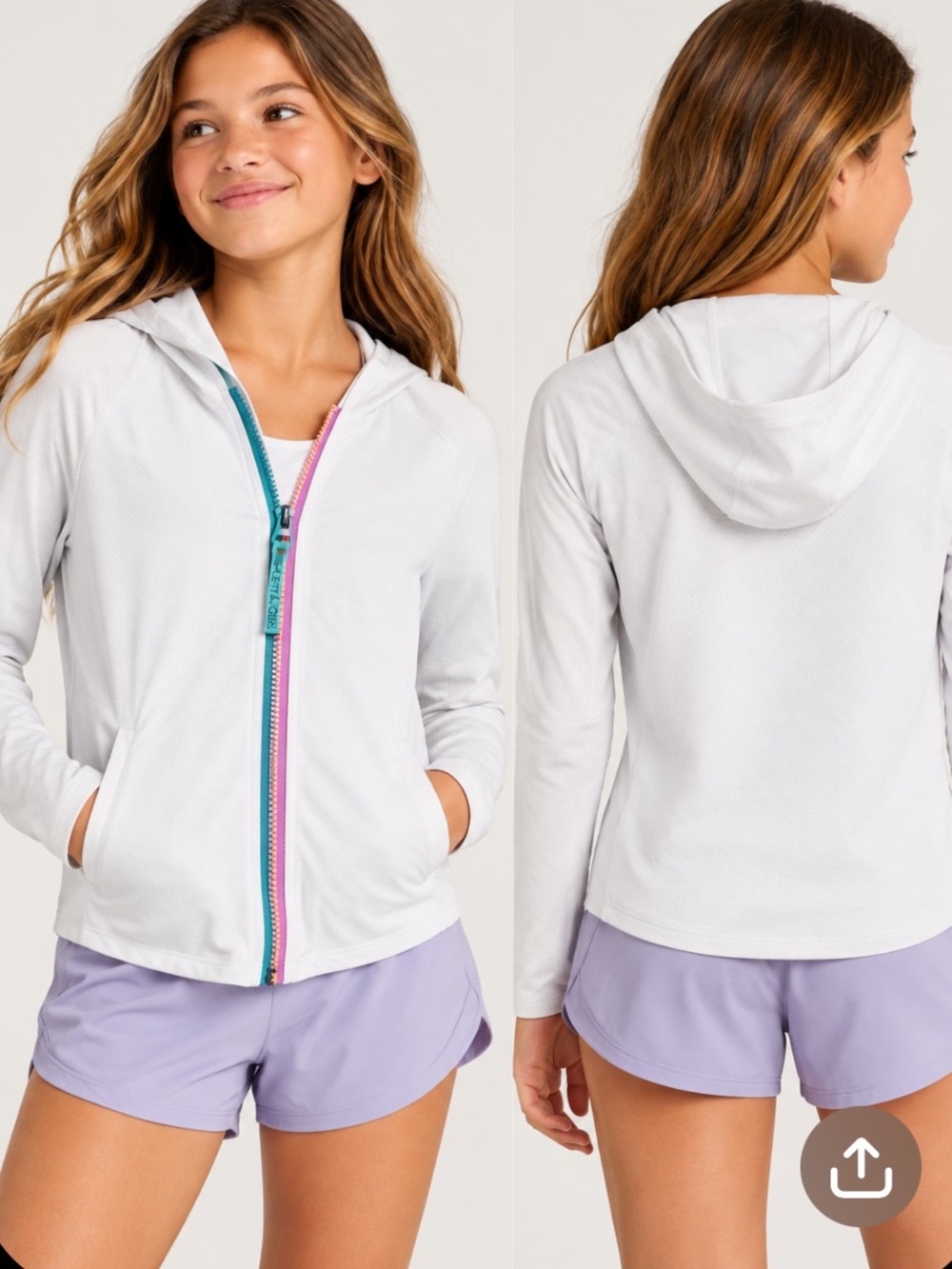 Athleta Girl Stunner Shade Jacket White Rainbow Zip Hooded L 12